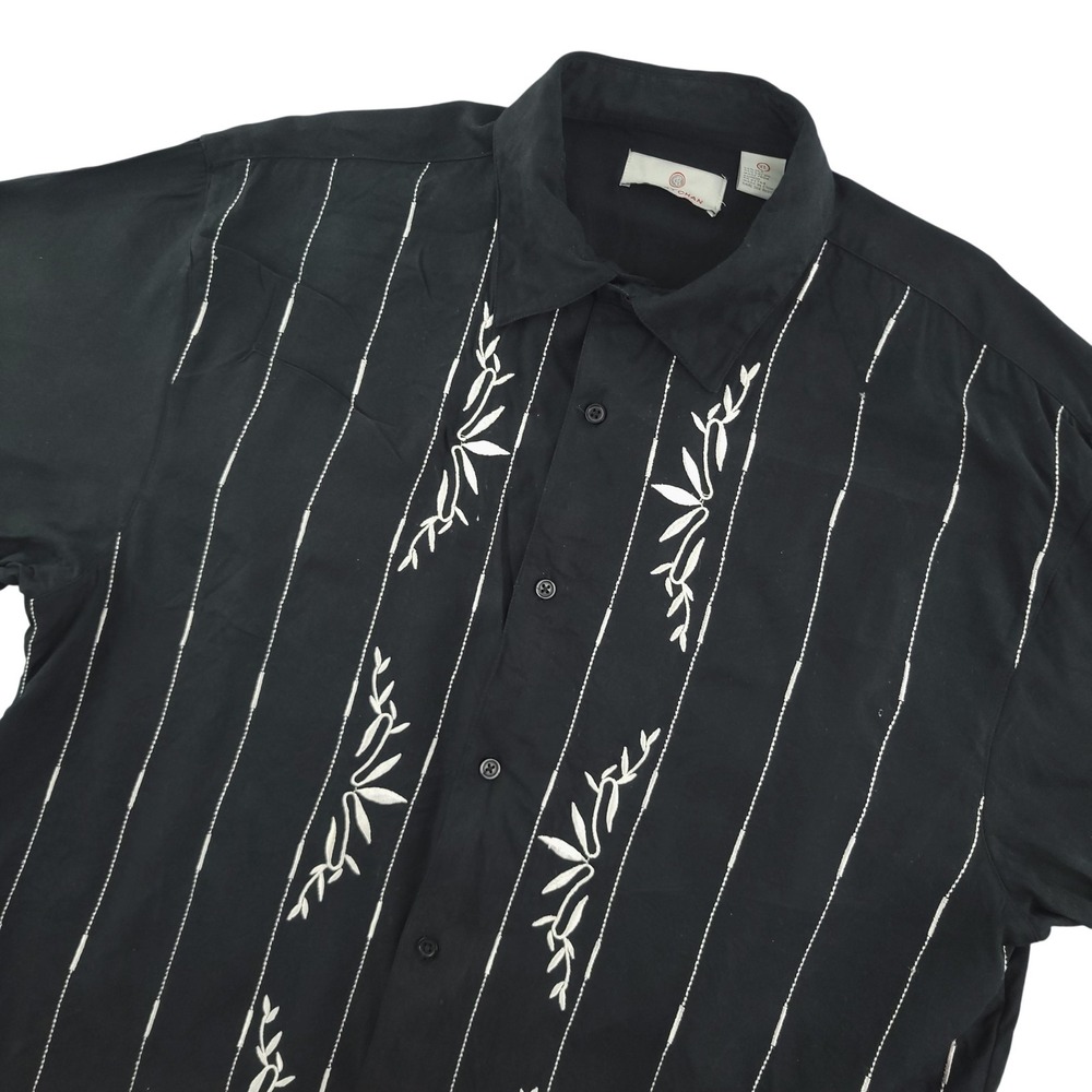 Bobby Chan Shirt Mens XL Black Stripe Short Sleeve Silk Bamboo Casual